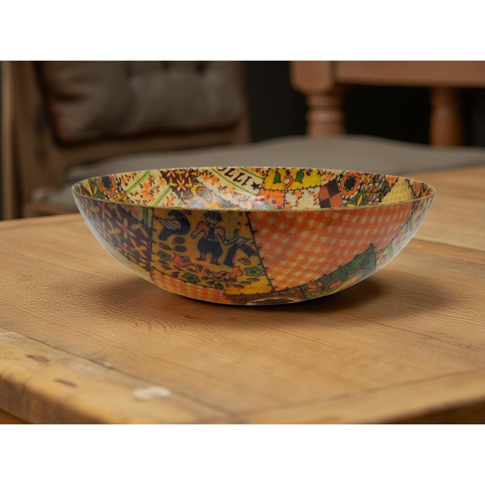 vintage 1960s patchwork design 1776 pilgram theme 11" fiberglass decorative bowl